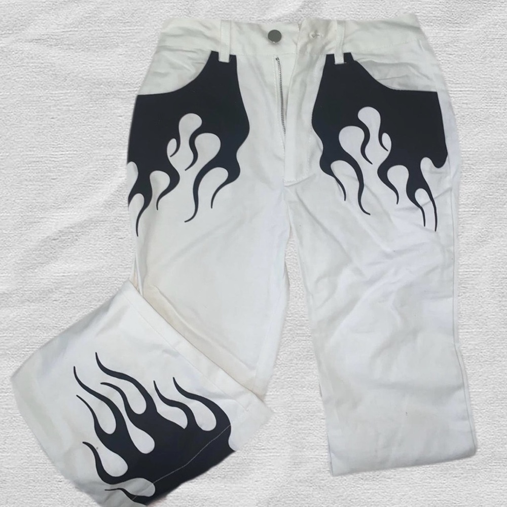 Jaded London White Jeans with Black Flame Design